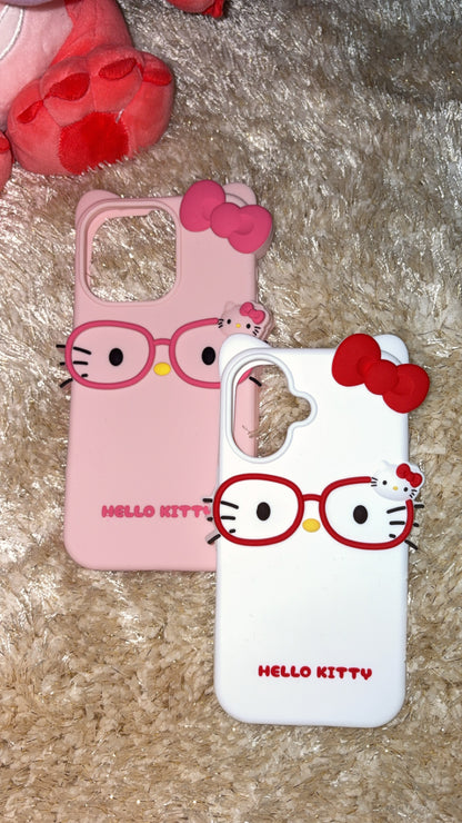 Hello Kitty iPhone case with Hello Kitty face wearing glasses, available in white and pink options.
