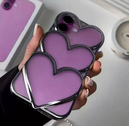 Chrome silver iPhone case with three stacked hearts design, silver and transparent finish.
